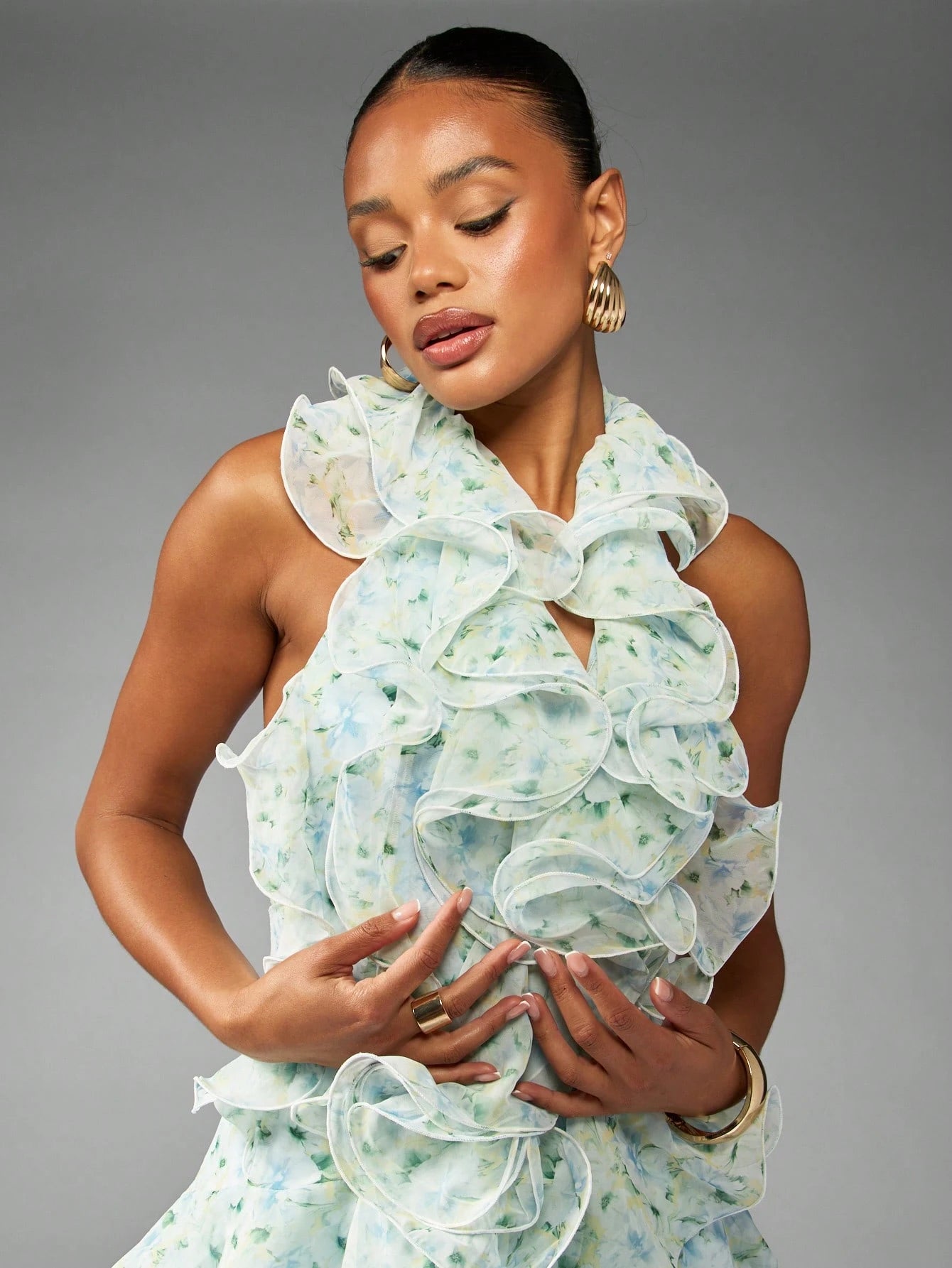 Elara Floral Cascade Halter Mini Dress