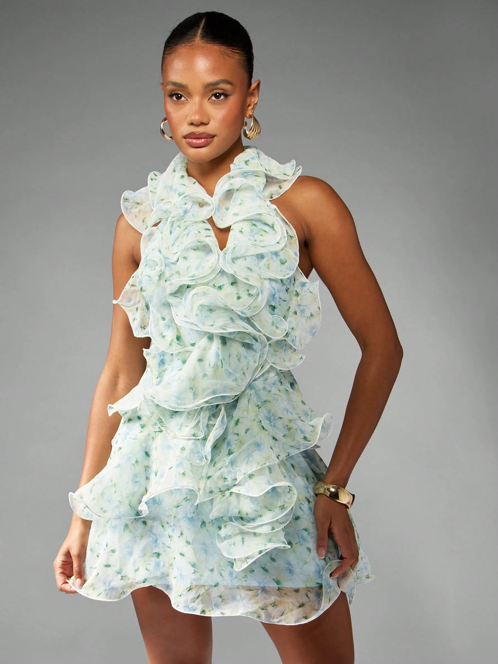 Elara Floral Cascade Halter Mini Dress