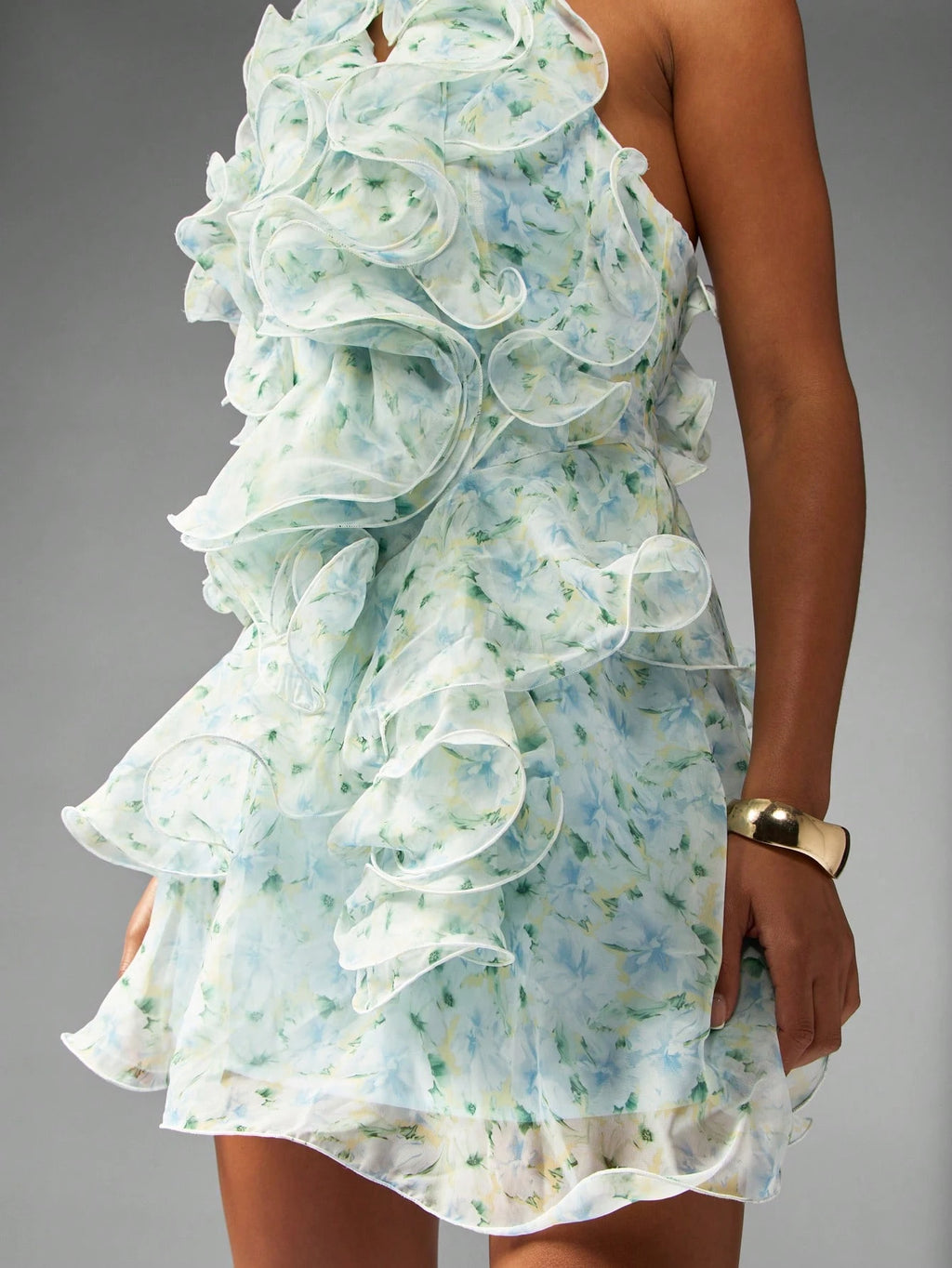 Elara Floral Cascade Halter Mini Dress