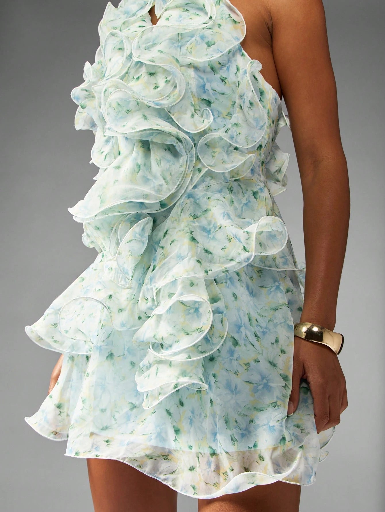Elara Floral Cascade Halter Mini Dress