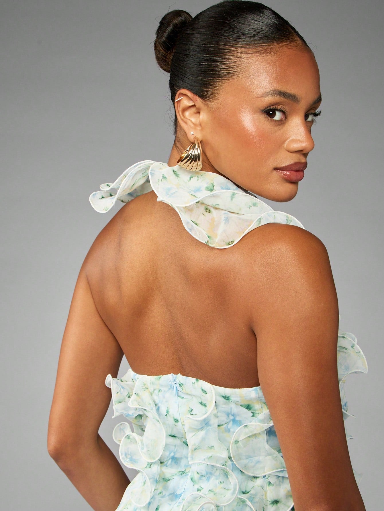 Elara Floral Cascade Halter Mini Dress