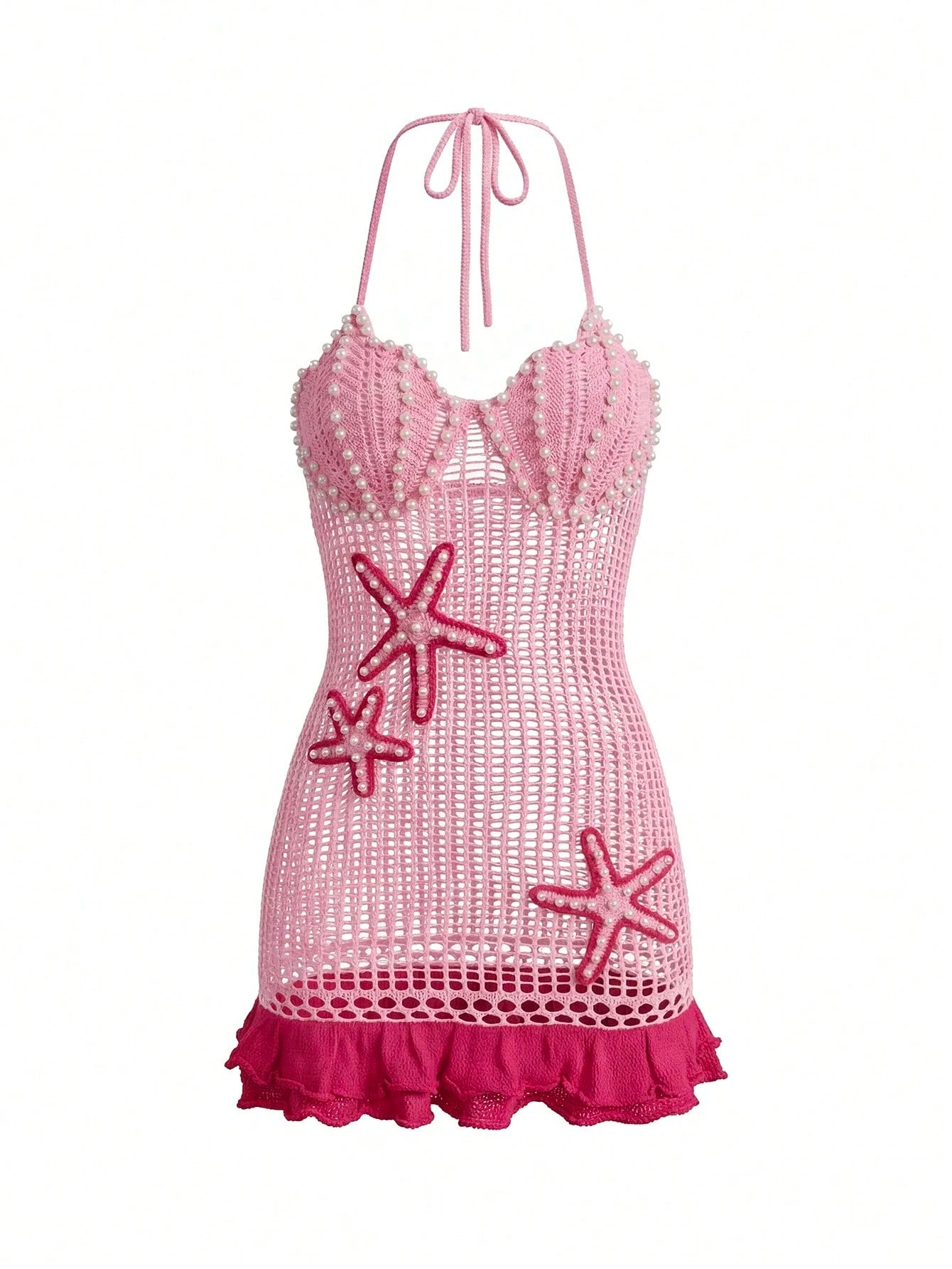 Pearl Starfish Crochet Mesh Cover-Up Dress