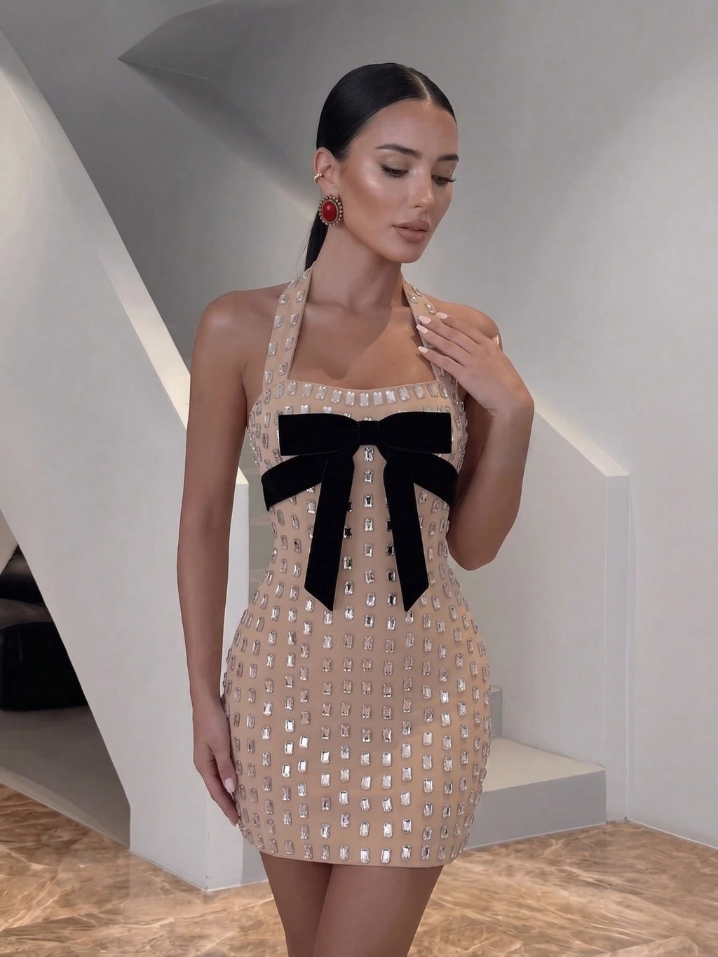 Celeste Crystal Bow Halter Mini Dress