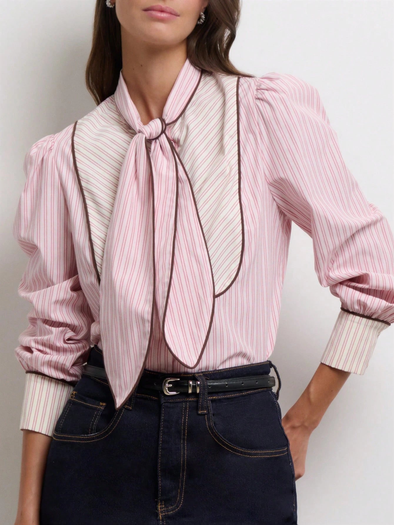 Rosé Pinstripe Tie Blouse