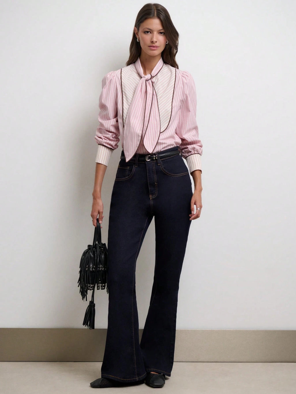 Rosé Pinstripe Tie Blouse