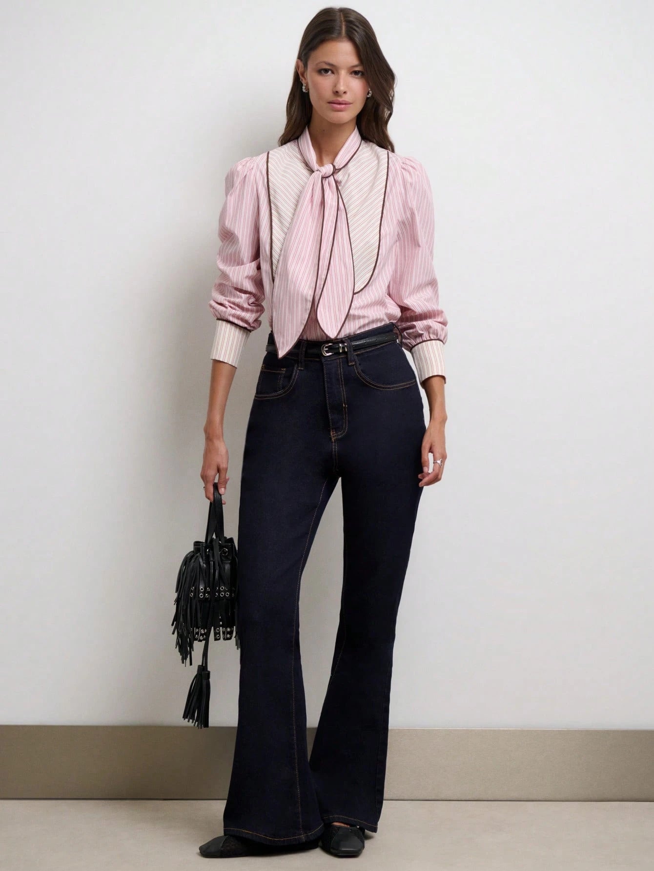 Rosé Pinstripe Tie Blouse