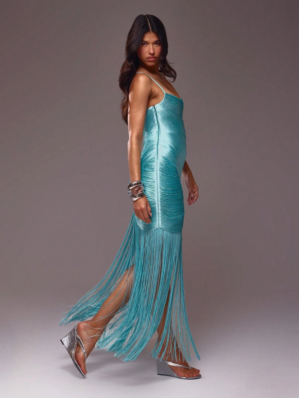Aqua Fringe Drape Dress