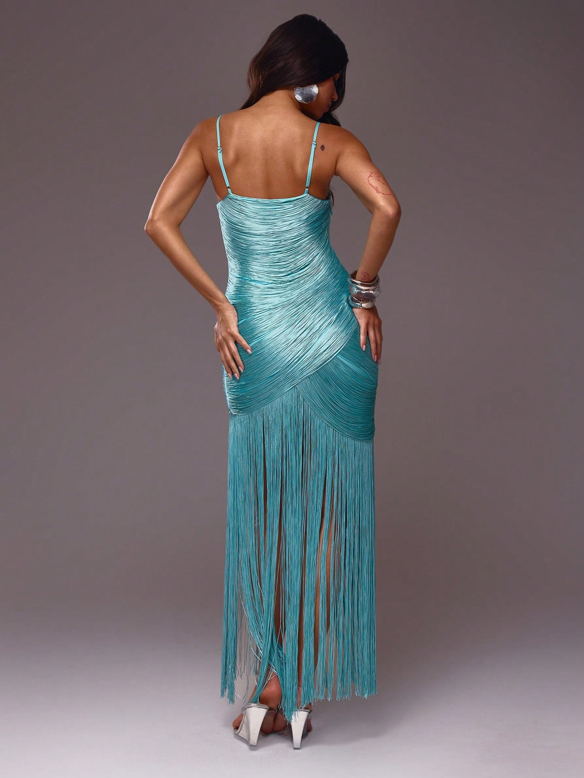 Aqua Fringe Drape Dress