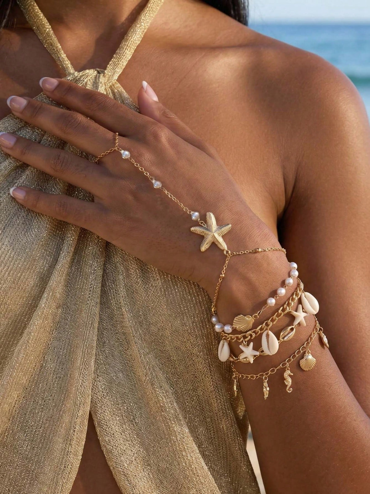 Pearl Starfish Hand Chain & Bracelet Set