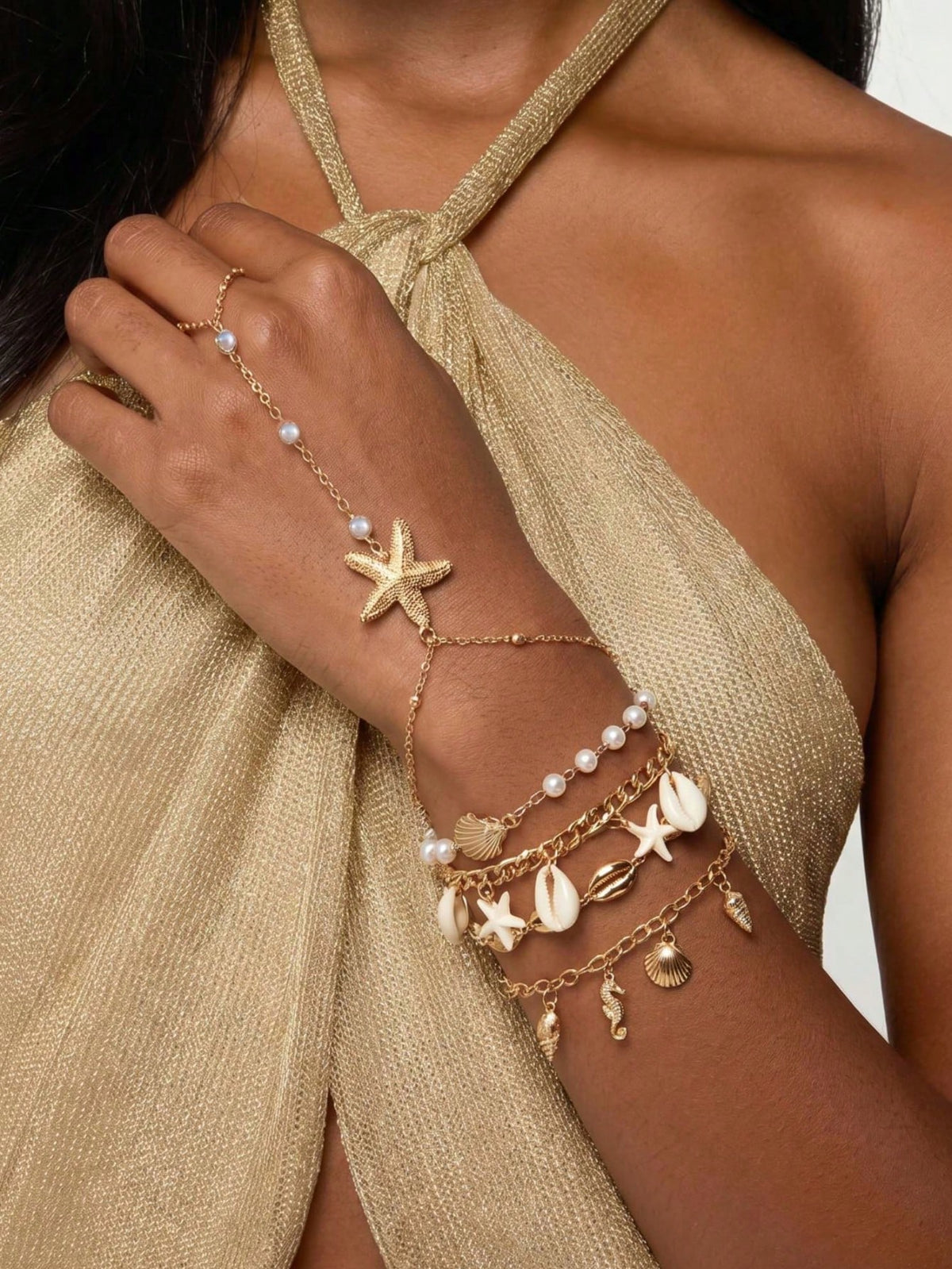 Pearl Starfish Hand Chain & Bracelet Set