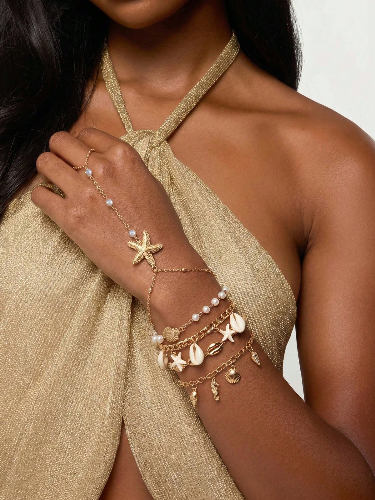 Pearl Starfish Hand Chain & Bracelet Set