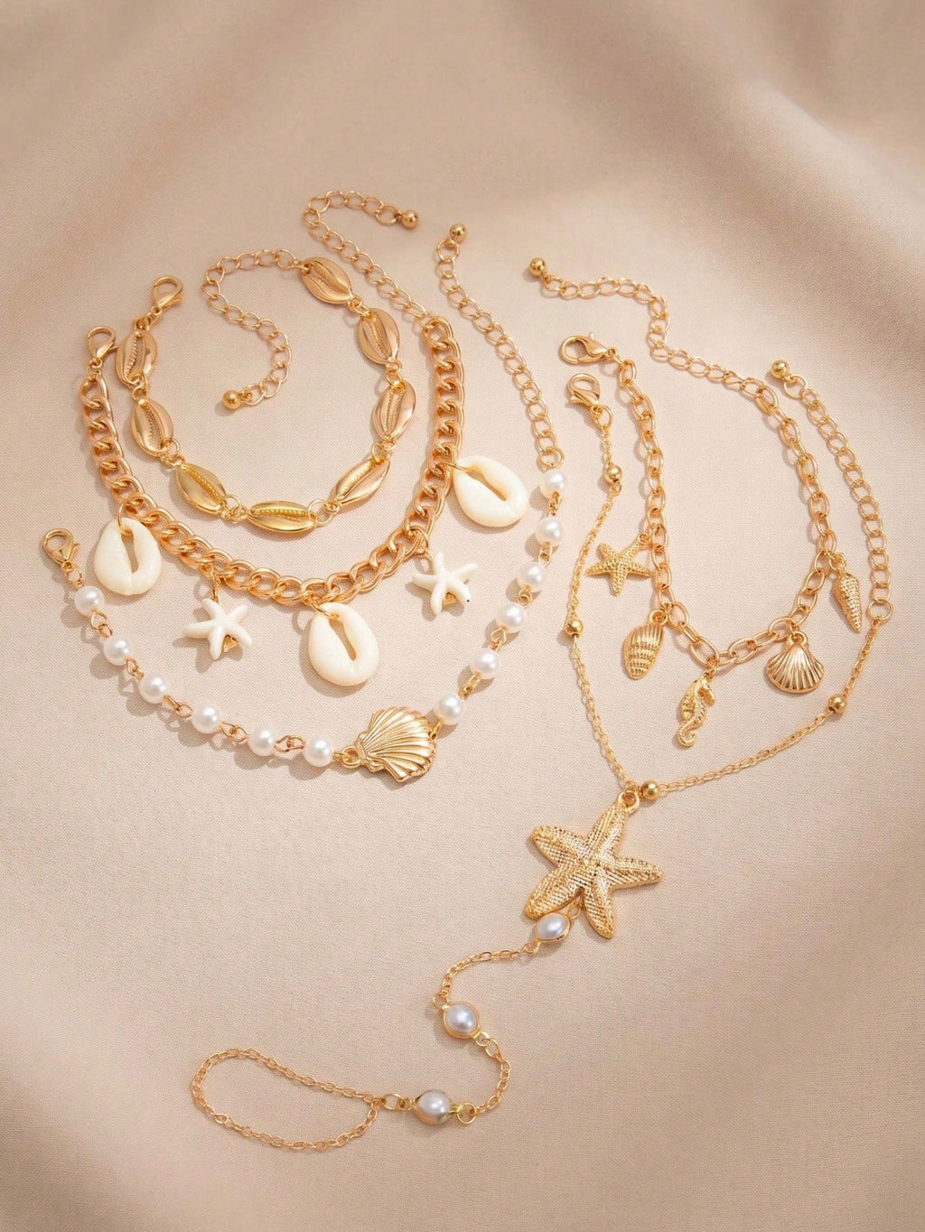 Pearl Starfish Hand Chain & Bracelet Set