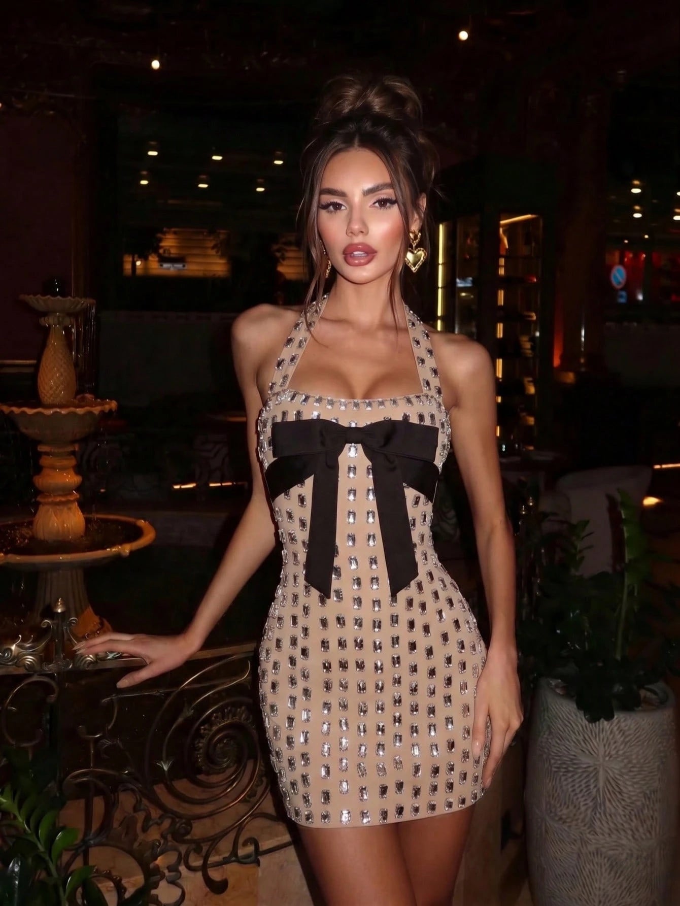 Celeste Crystal Bow Halter Mini Dress