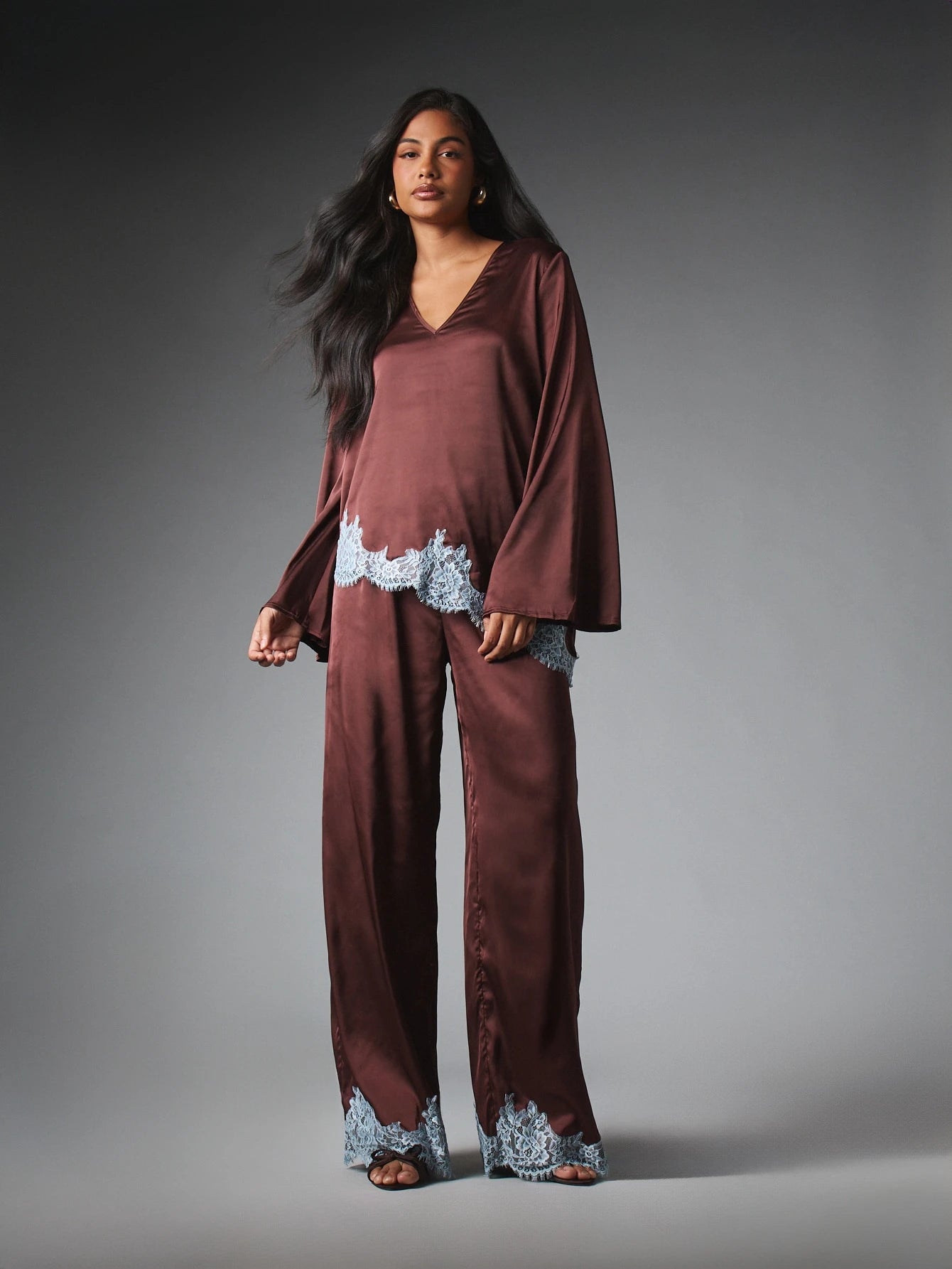 Espresso Lace Trim Satin Co-Ord Set