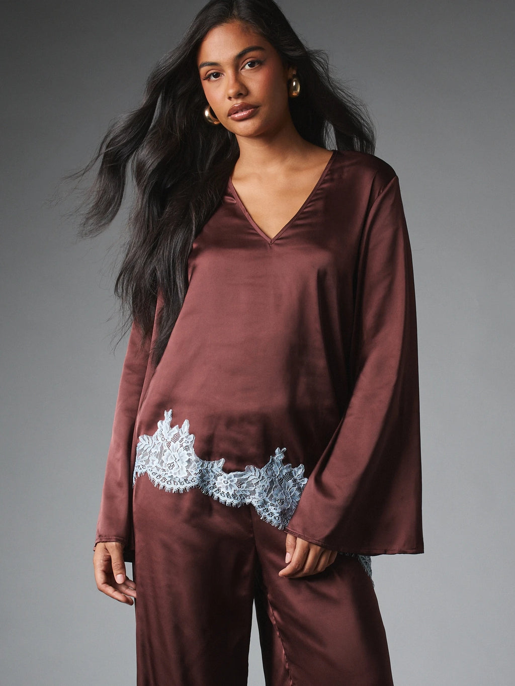 Espresso Lace Trim Satin Co-Ord Set
