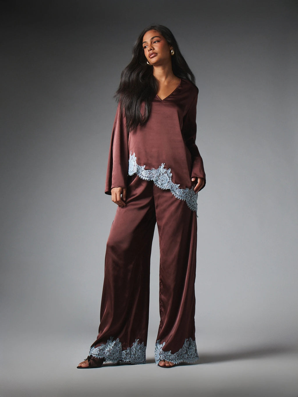 Espresso Lace Trim Satin Co-Ord Set