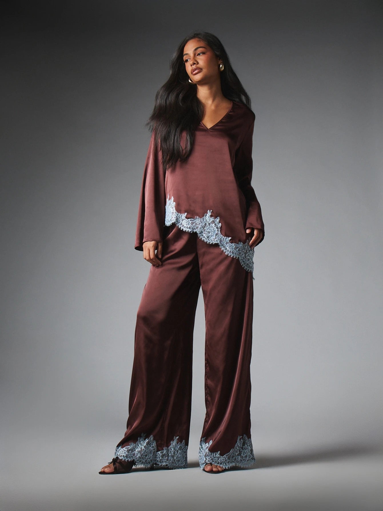 Espresso Lace Trim Satin Co-Ord Set