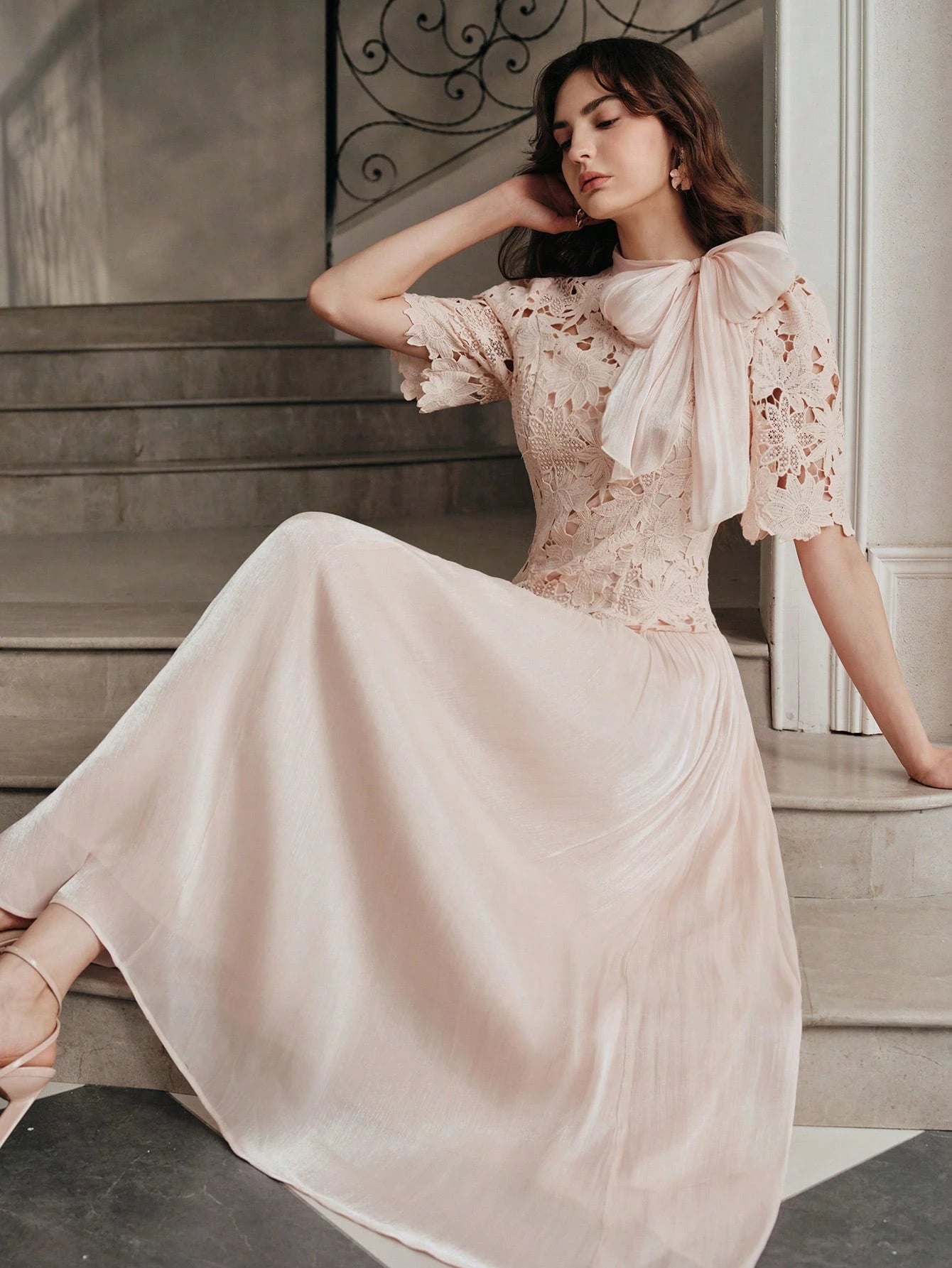 Rosé Lace Bow Maxi Dress