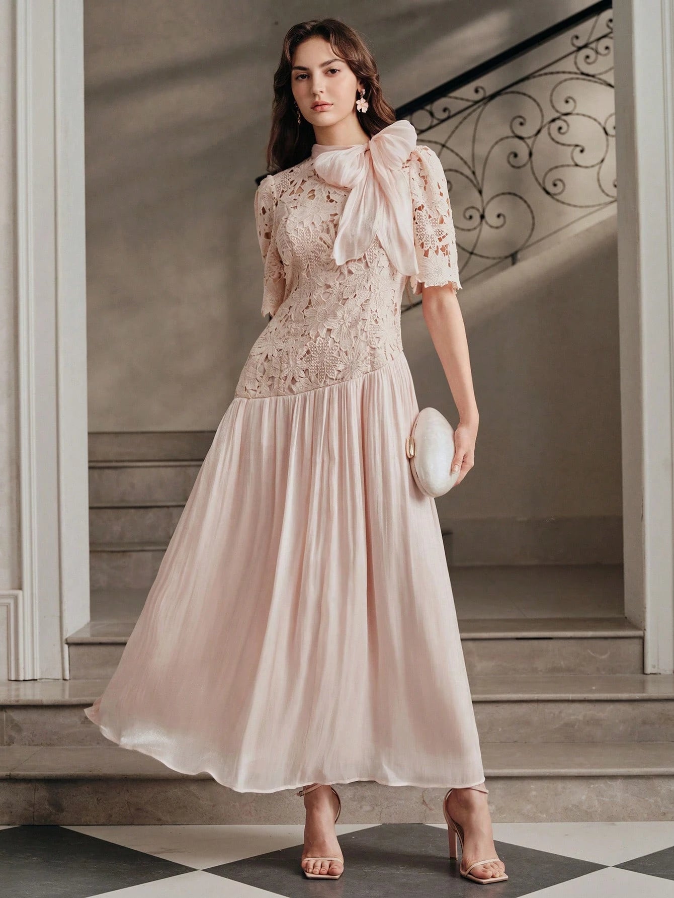 Rosé Lace Bow Maxi Dress