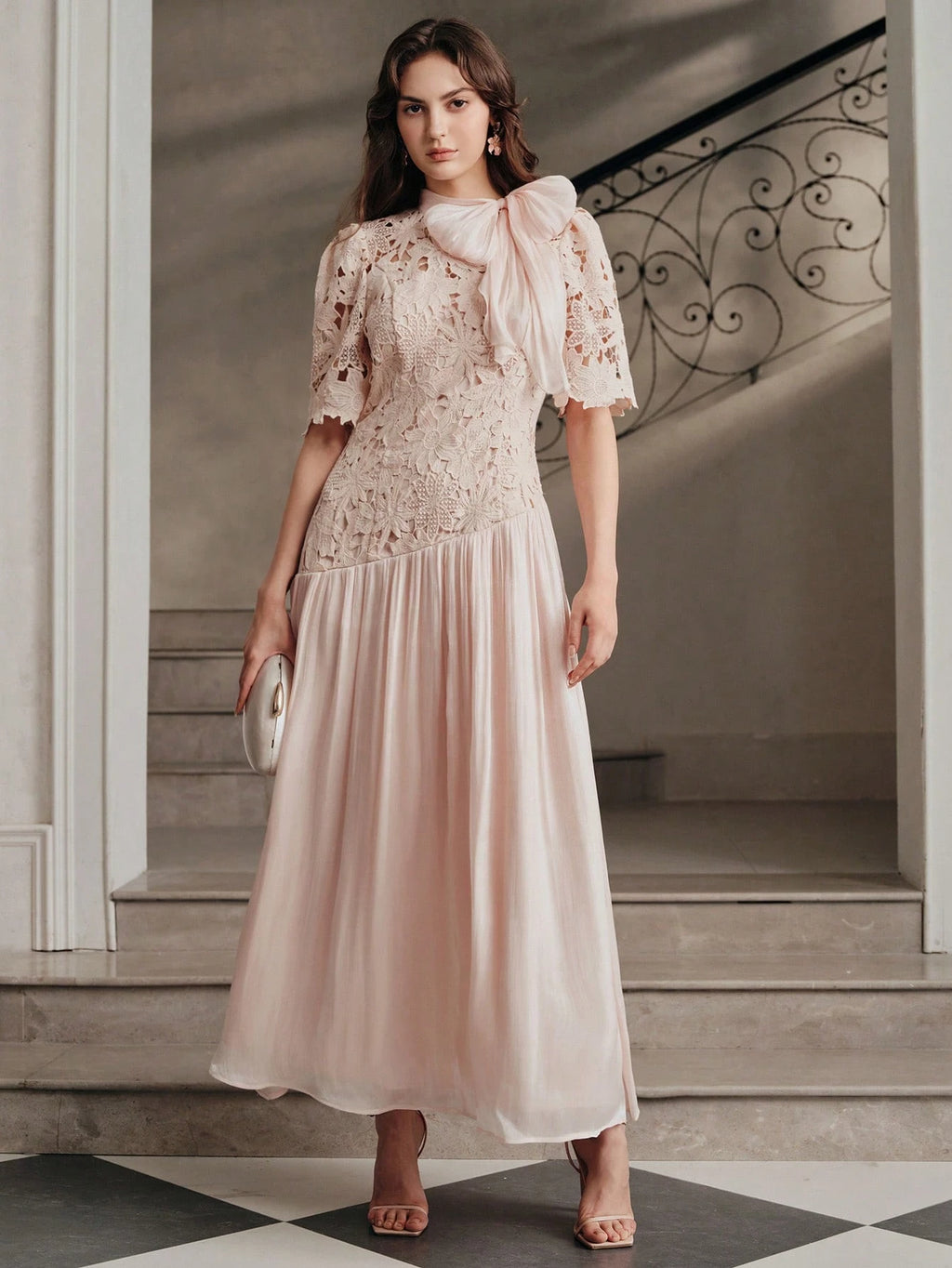 Rosé Lace Bow Maxi Dress