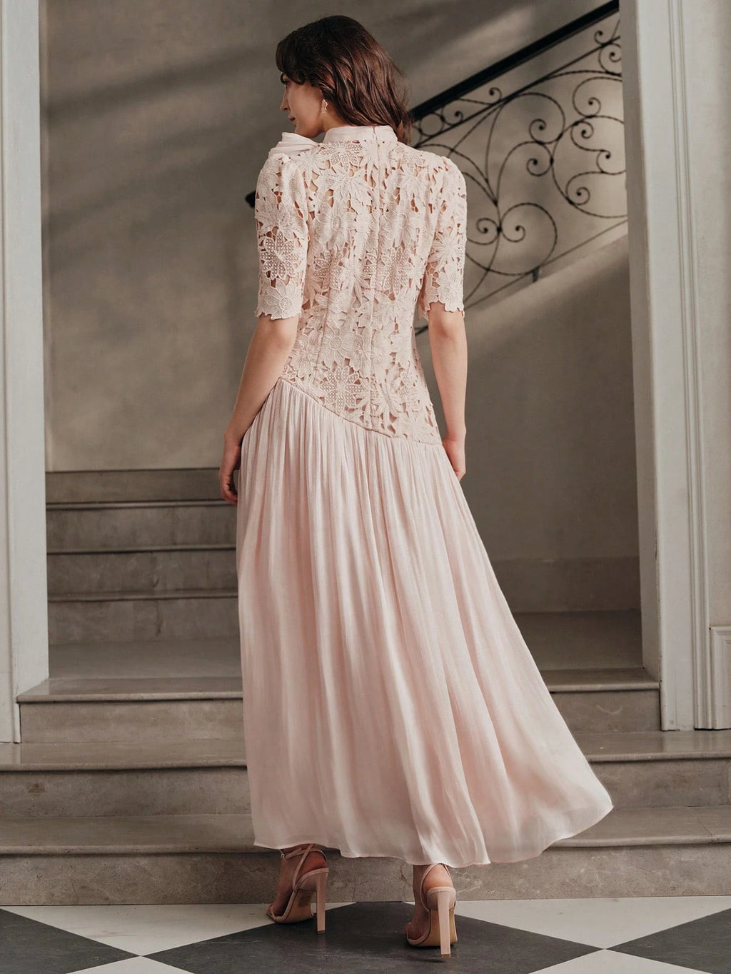 Rosé Lace Bow Maxi Dress