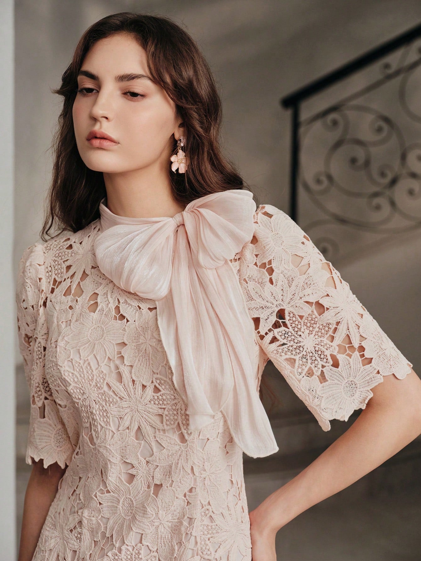 Rosé Lace Bow Maxi Dress