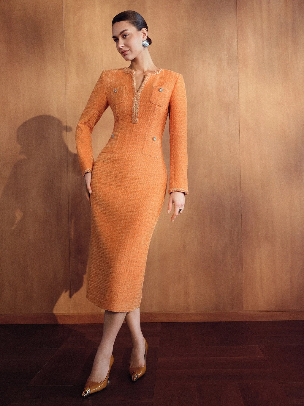 The Marigold Tweed Midi Dress