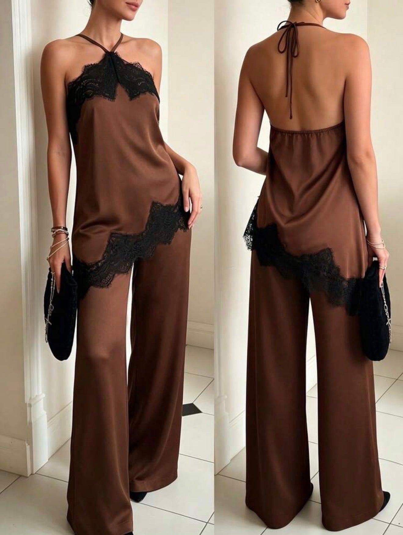 Mocha Lace Satin Set