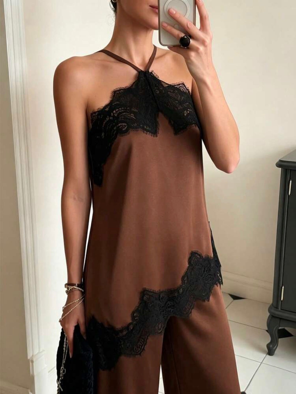 Mocha Lace Satin Set