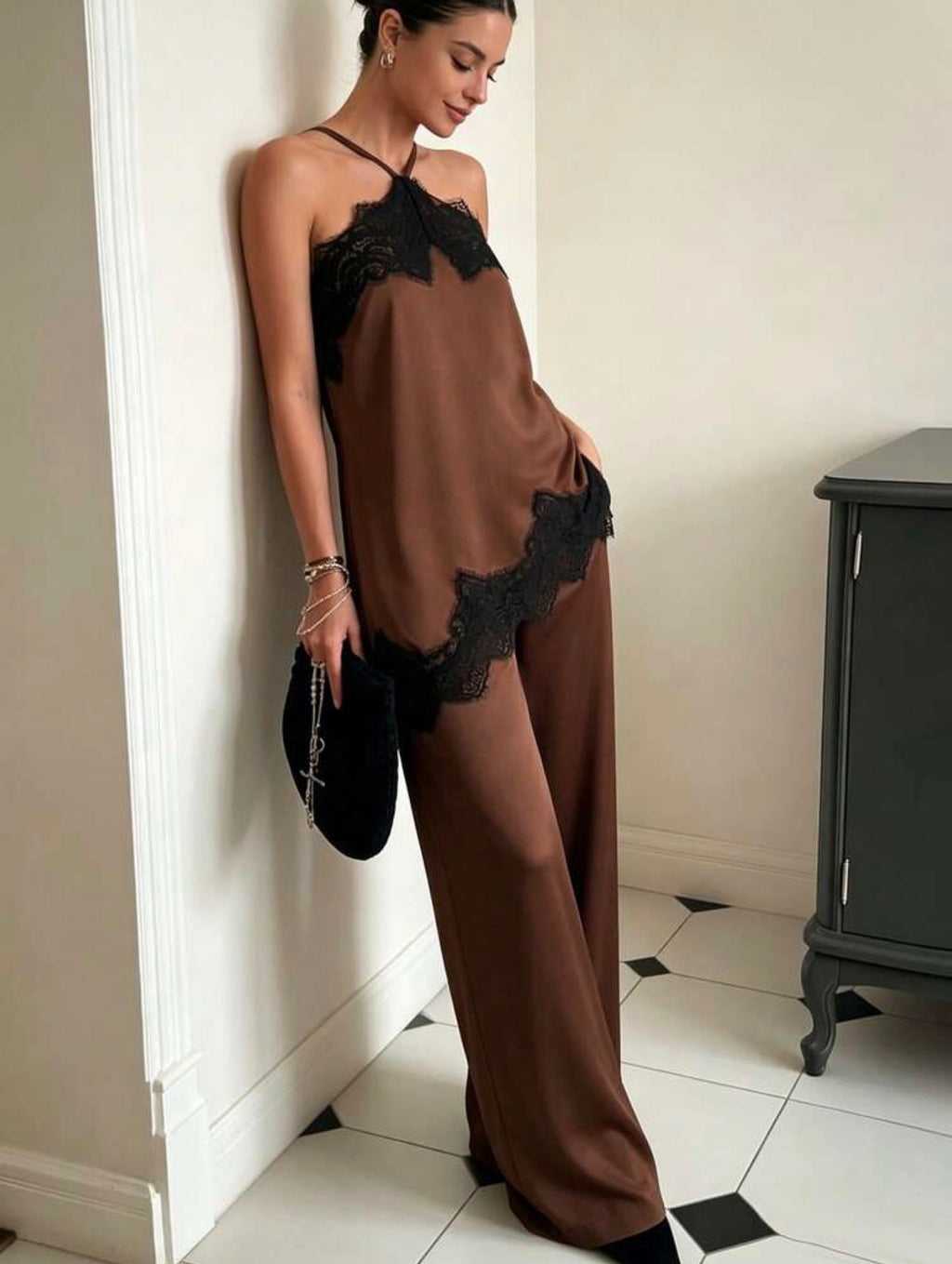 Mocha Lace Satin Set