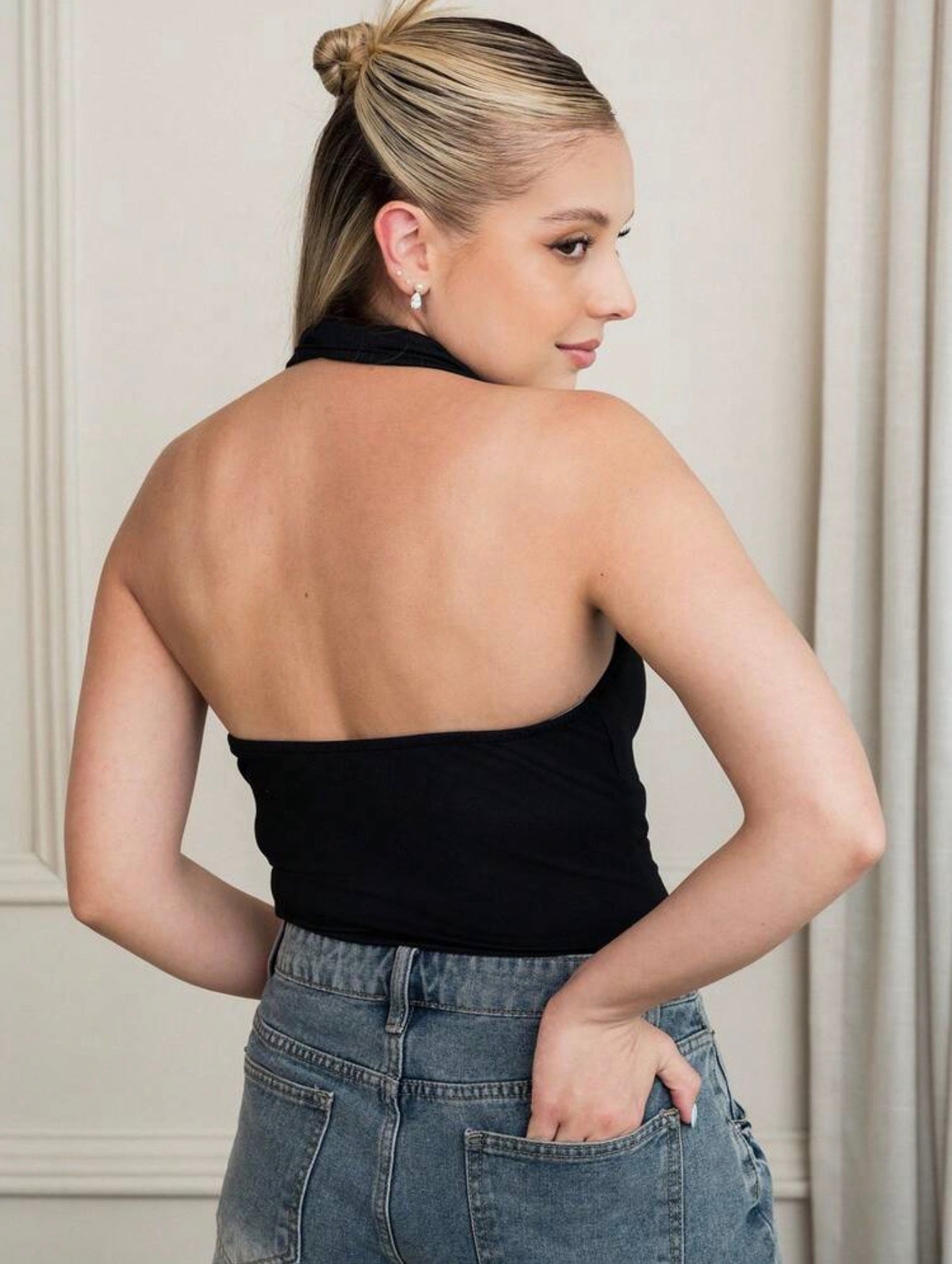 Noir Drape Halter Bodysuit