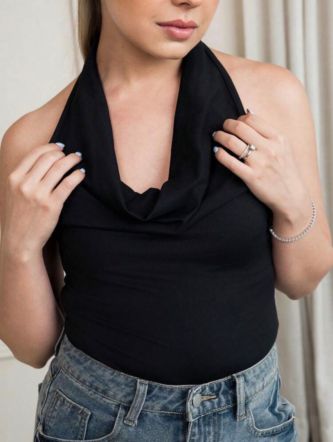 Noir Drape Halter Bodysuit