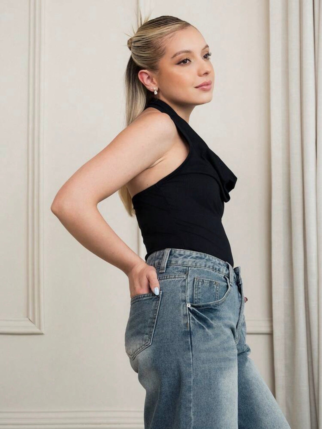 Noir Drape Halter Bodysuit