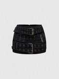 Triple Buckle Denim Mini Skirt