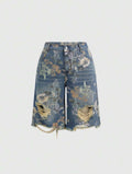 Floral Print Distressed Bermuda Shorts