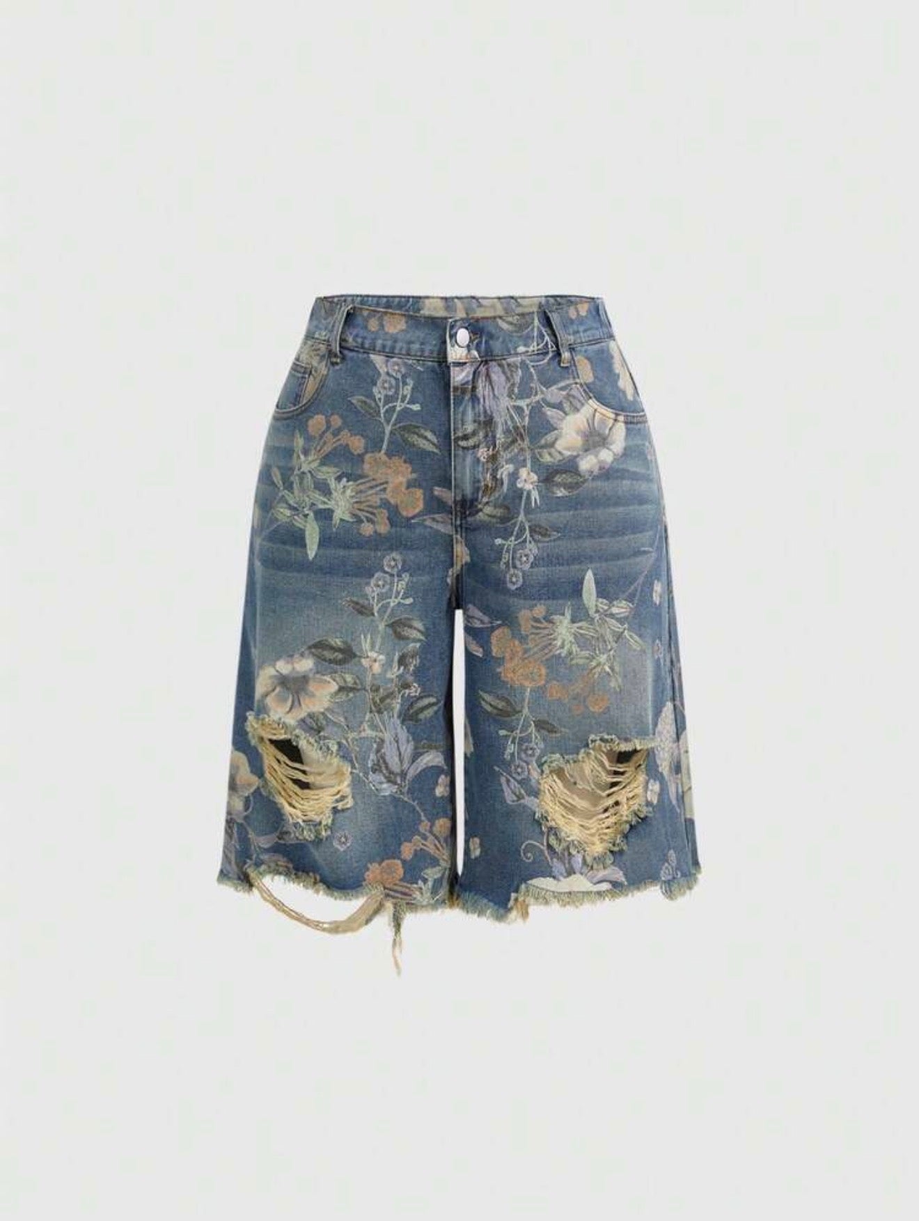Floral Print Distressed Bermuda Shorts