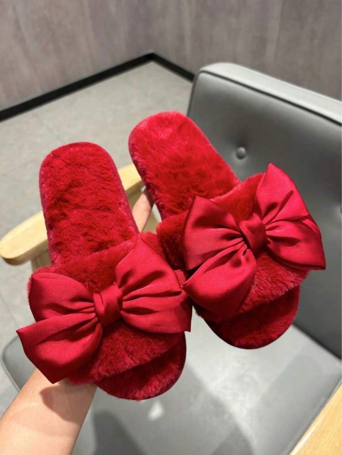 Ruby Bow Plush Slides