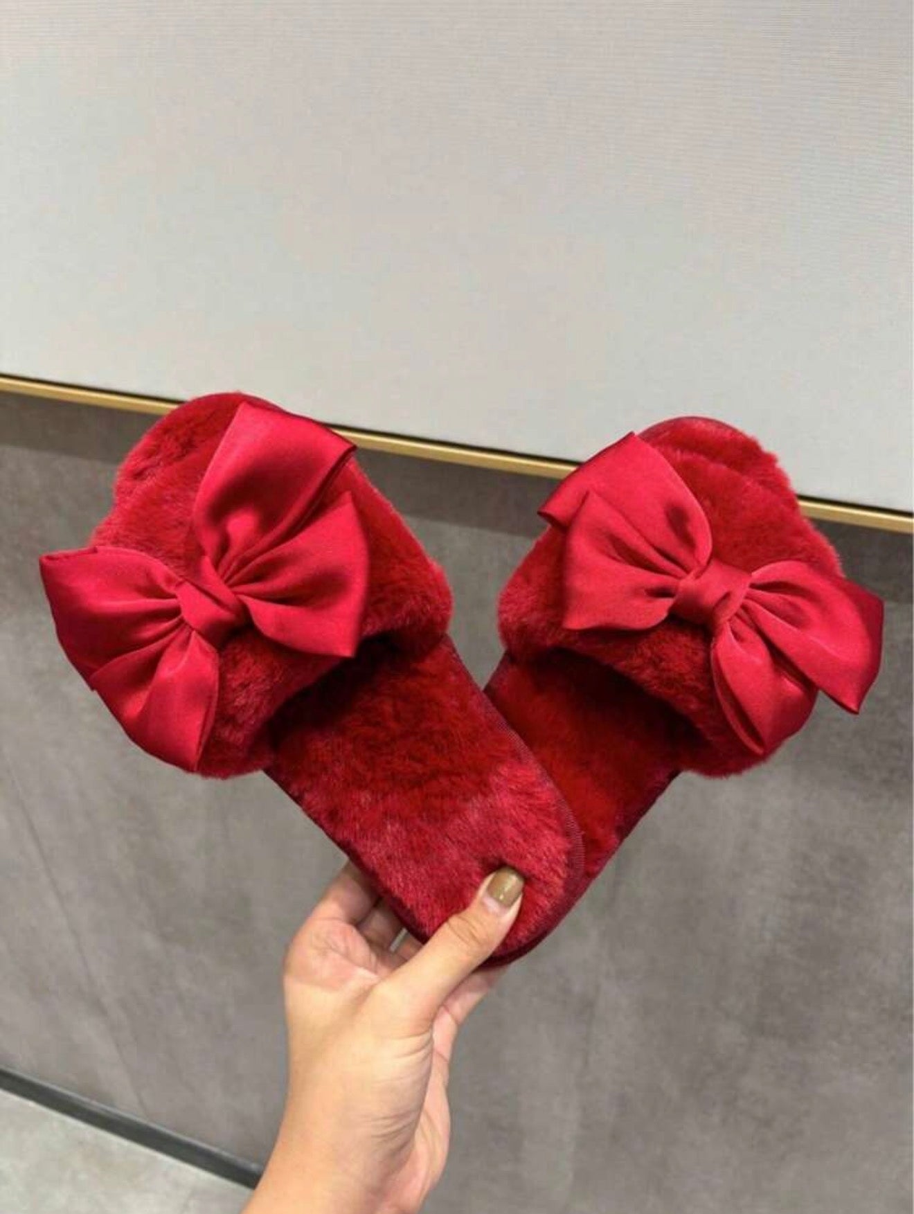 Ruby Bow Plush Slides