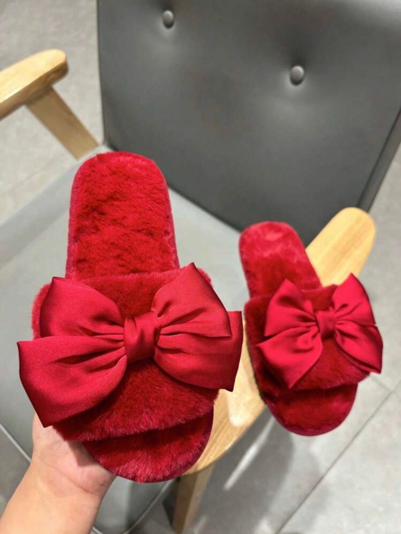Ruby Bow Plush Slides