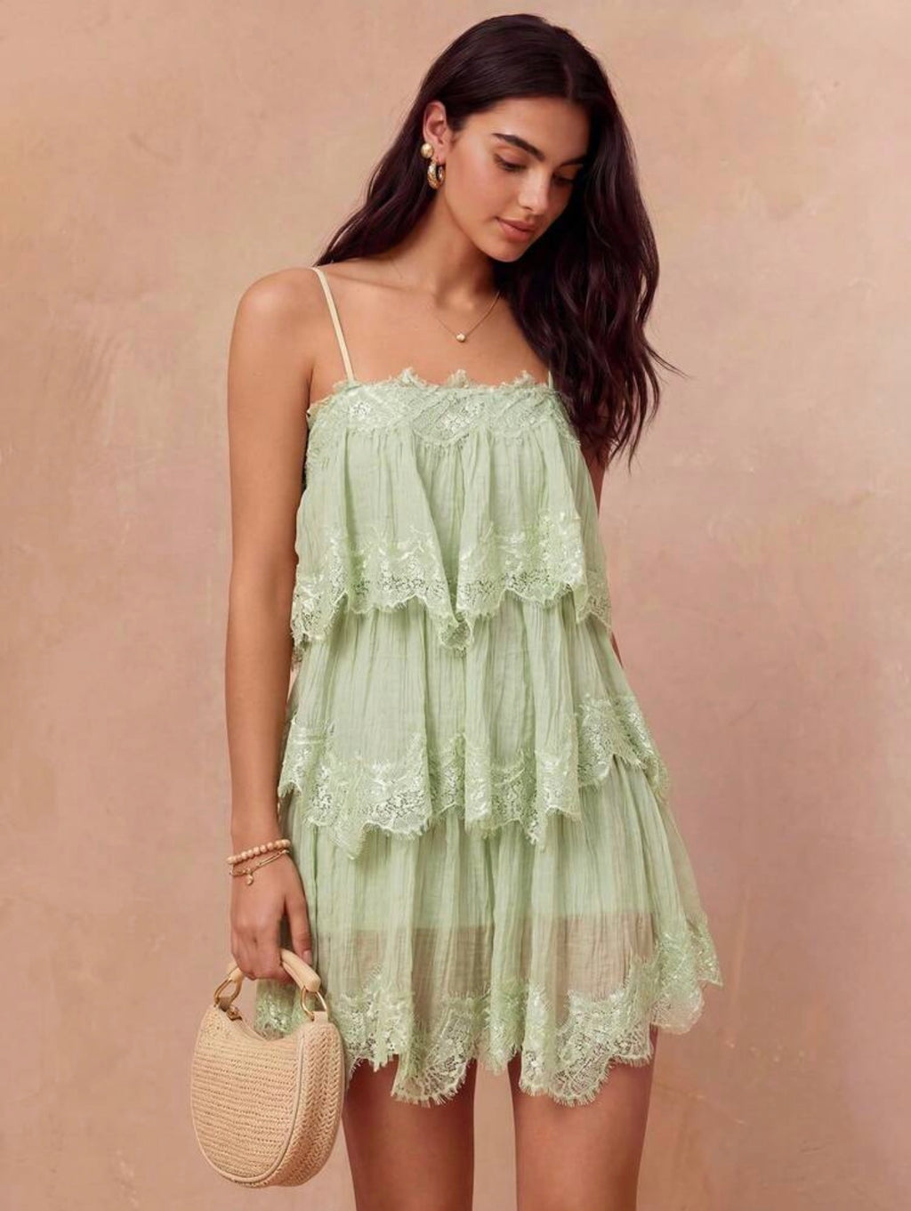 Sage Lace Tiered Mini Dress