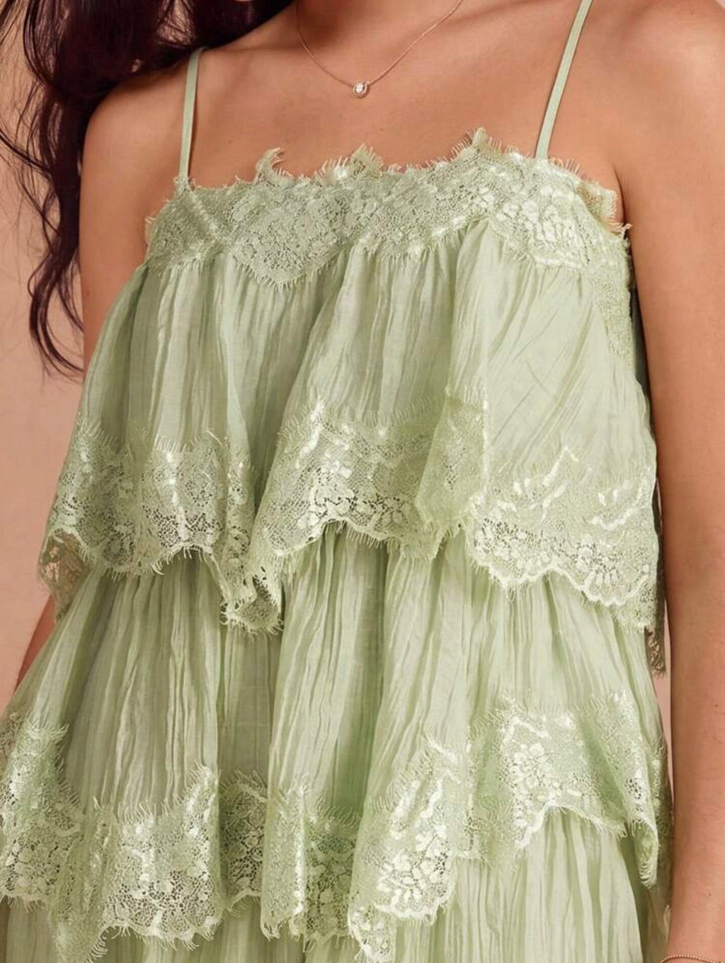 Sage Lace Tiered Mini Dress