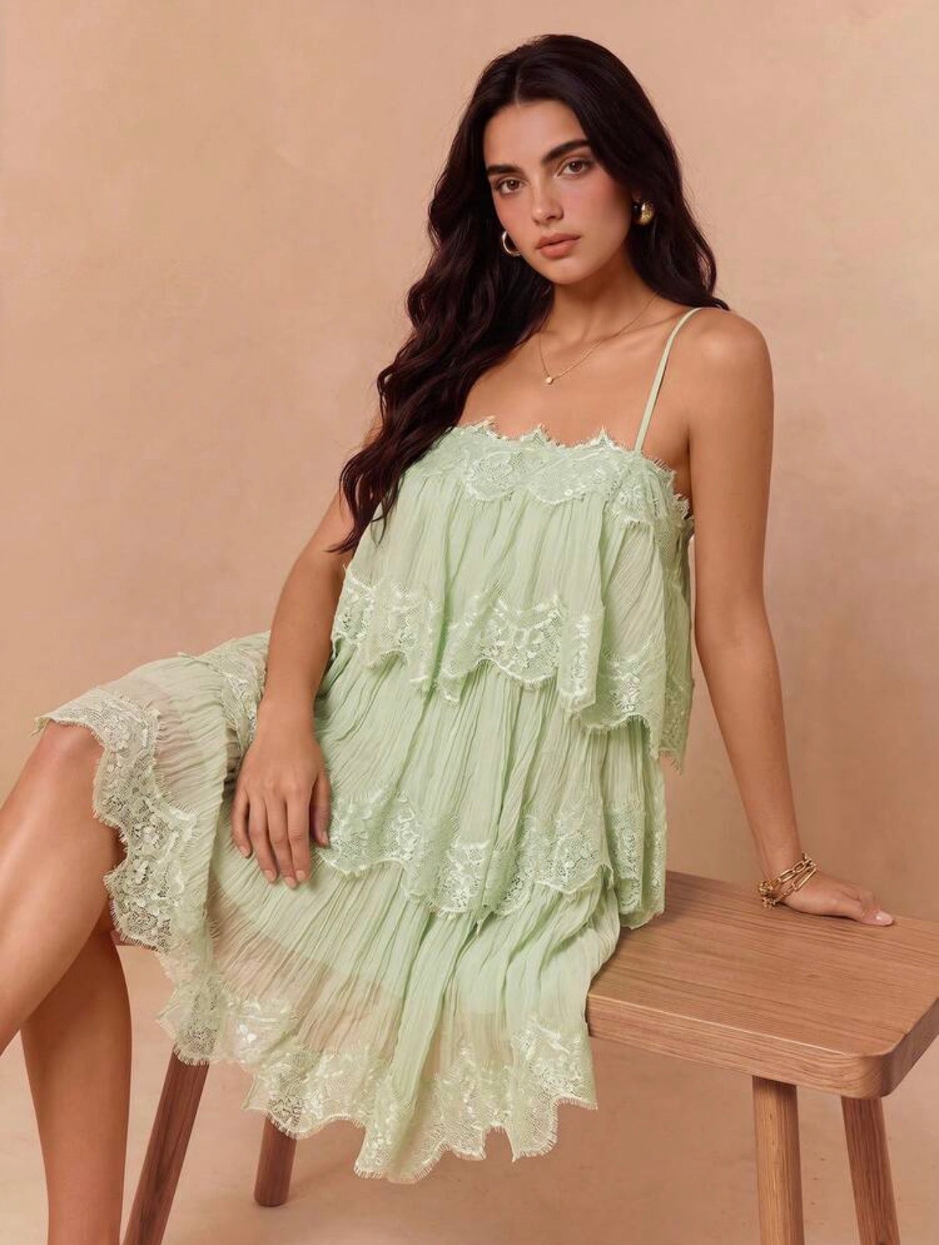 Sage Lace Tiered Mini Dress