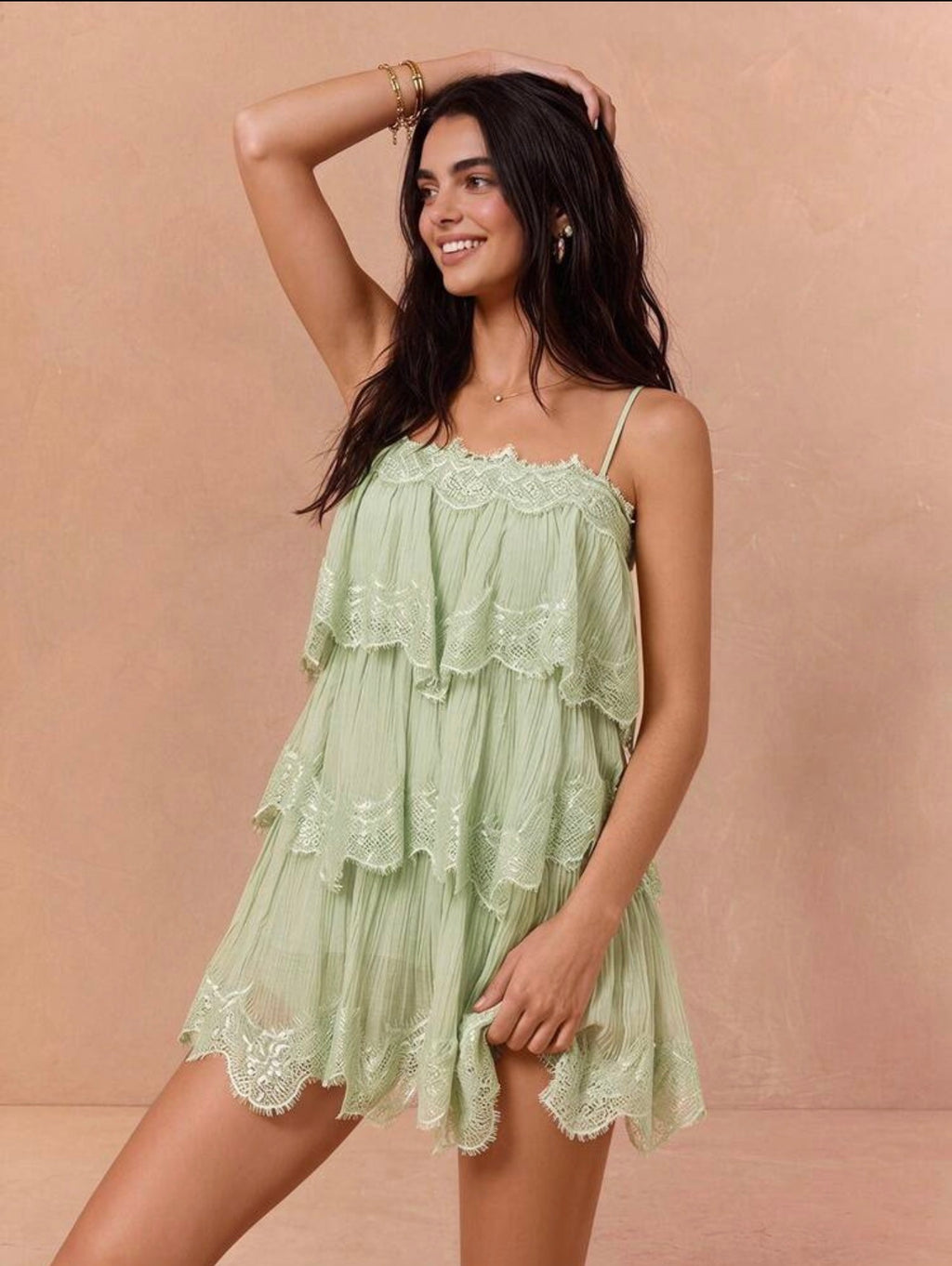 Sage Lace Tiered Mini Dress