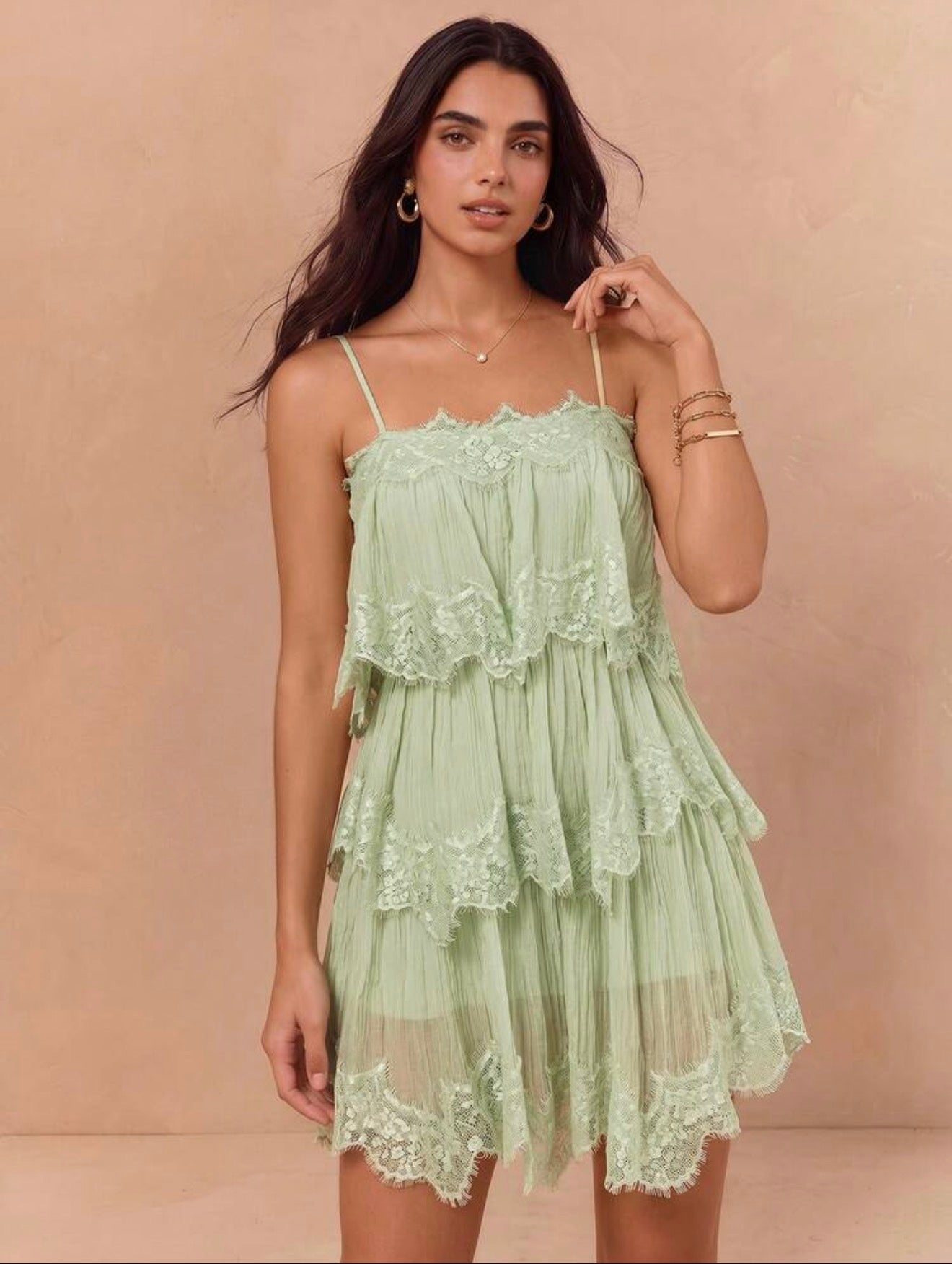 Sage Lace Tiered Mini Dress