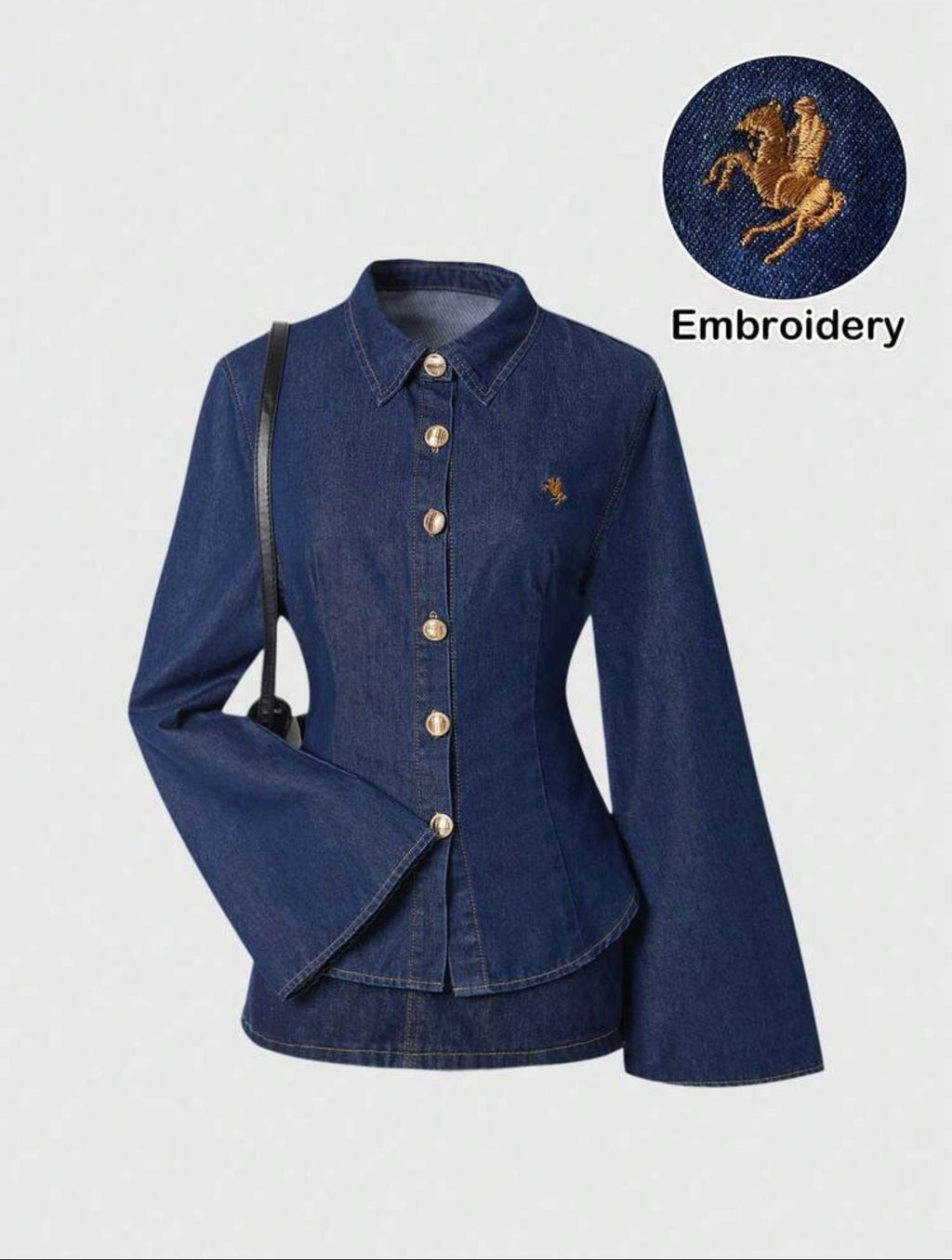 Denim Bell Sleeve Embroidered Shirt