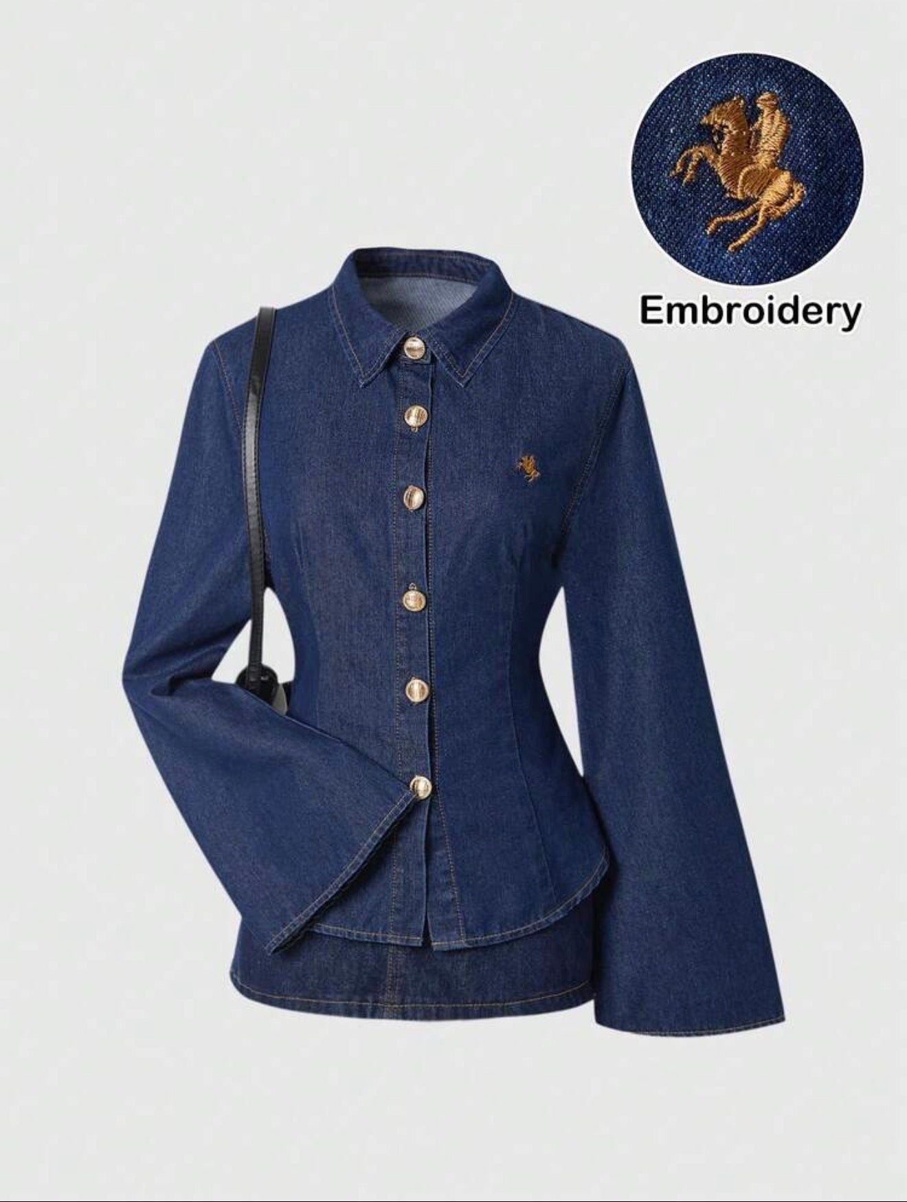 Denim Bell Sleeve Embroidered Shirt